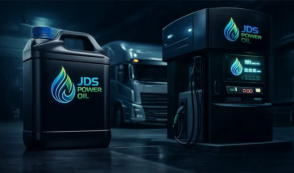 Garrafa de aditivo JDS Power Oil junto a un surtidor con la marca, con un camión de transporte al fondo.